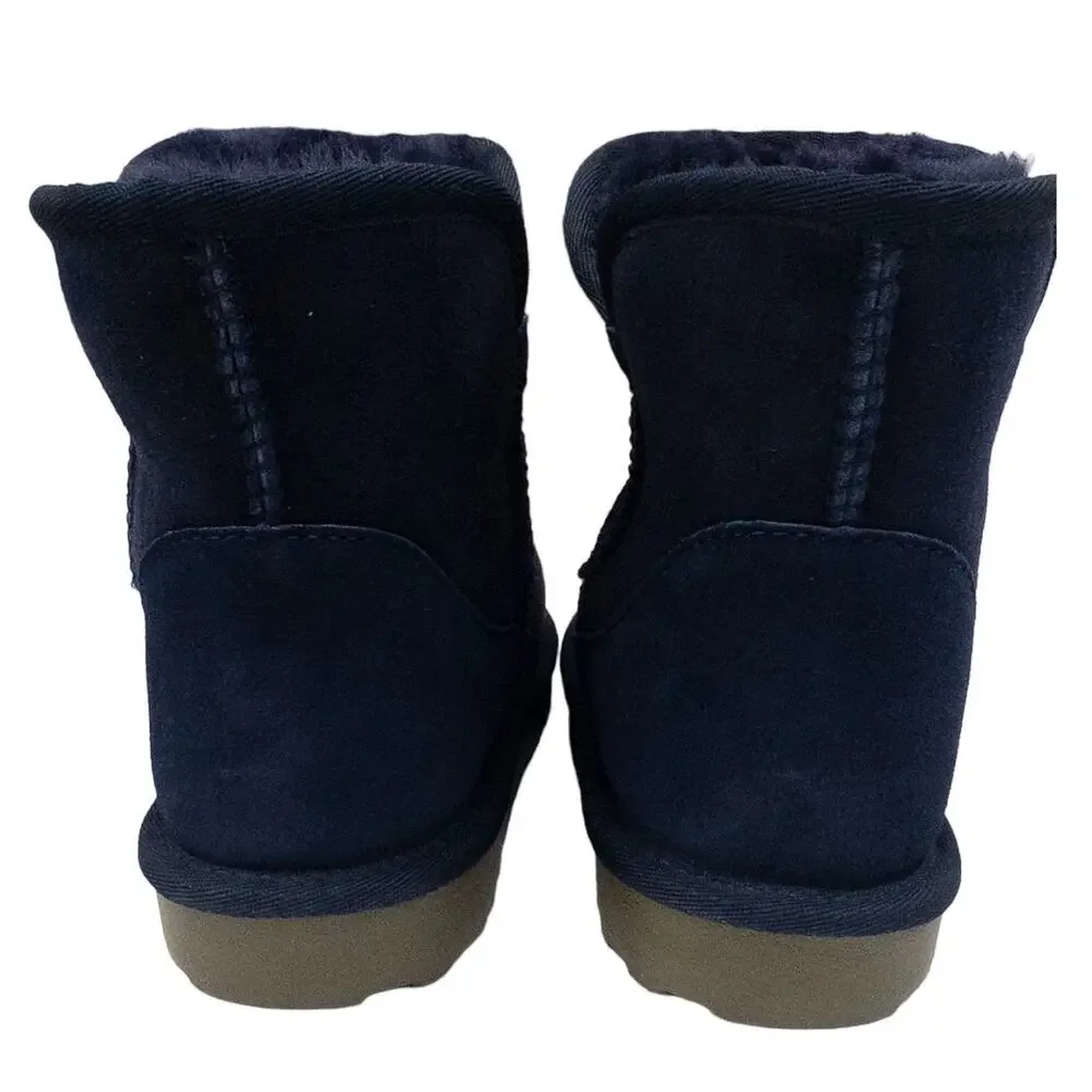Sheepskin Leather Shearling Lined Short Winter Boots Navy Blue Women's Size 6
